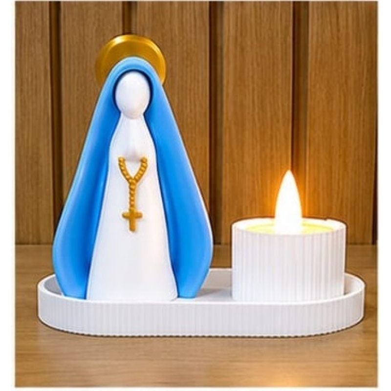 Nossa Senhora Aparecida Imagem Escultura Kit Decoração Religiosa com Bandeja Porta Velas e Vela Led