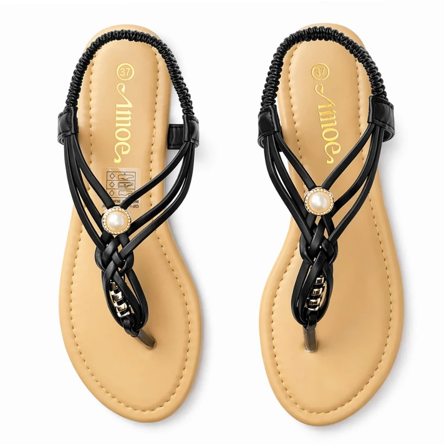 Sandália Rasteirinha Feminina de Dedo com Tiras Trançadas e Pérola Chinelo Flat Confortável Leve Elegante Casual