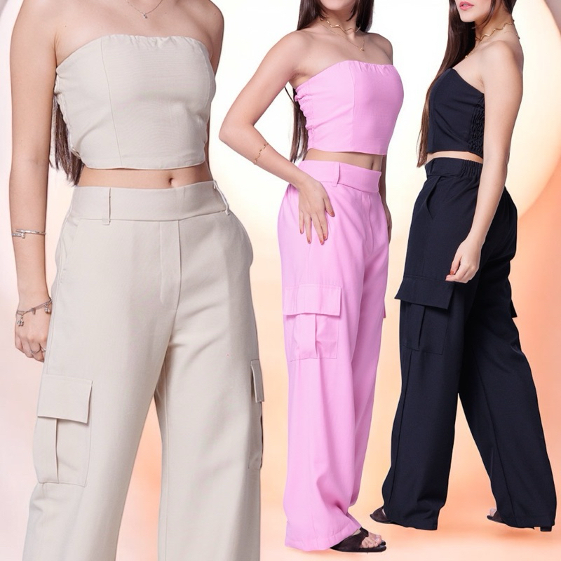 Conjunto Feminino Juvenil Estiloso Premium Top Cropped + Calça Cargo 12 a 16 Anos