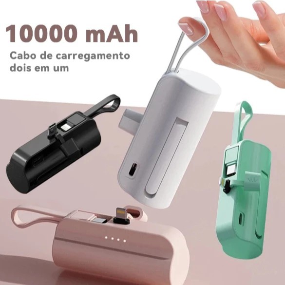 Mini Power Bank 10000mAh Carregador Portátil com Saídas Tipo-C e Lightning