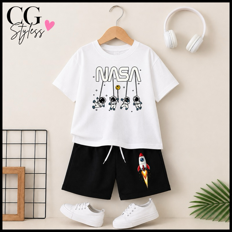 Conjunto Infantil Astronauta Camiseta + Shorts 100% Algodão Roupa Infantil Unissex Criança 2 a 16 Anos