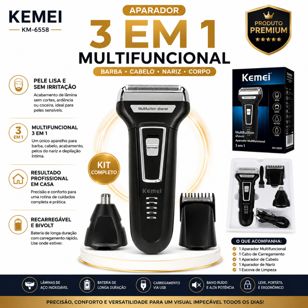 Aparador Kemei KM-6558 3em1 Elétrico Recarregável Bivolt Barba, Nariz, Cabelo, Bigode, Corpo. Máquina Original