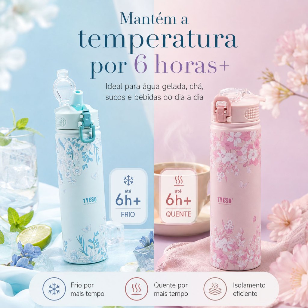 TYESO Garrafa Térmica Floral 750ml Aço Inox 304 com Canudo À Prova de Vazamento Mantém Quente e Frio · foto 2