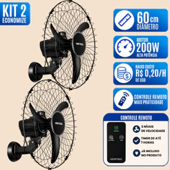 Kit 2 Ventilador Parede 60cm Ventisol Max Control Controle Remoto Ideal Para Comércios Industrias