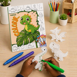 Kit Para Colorir Infantil Dinossauro com 3peças 3D Lavável + Livrinho Personalizado + 3Canetinhas | Educativo e Criativo