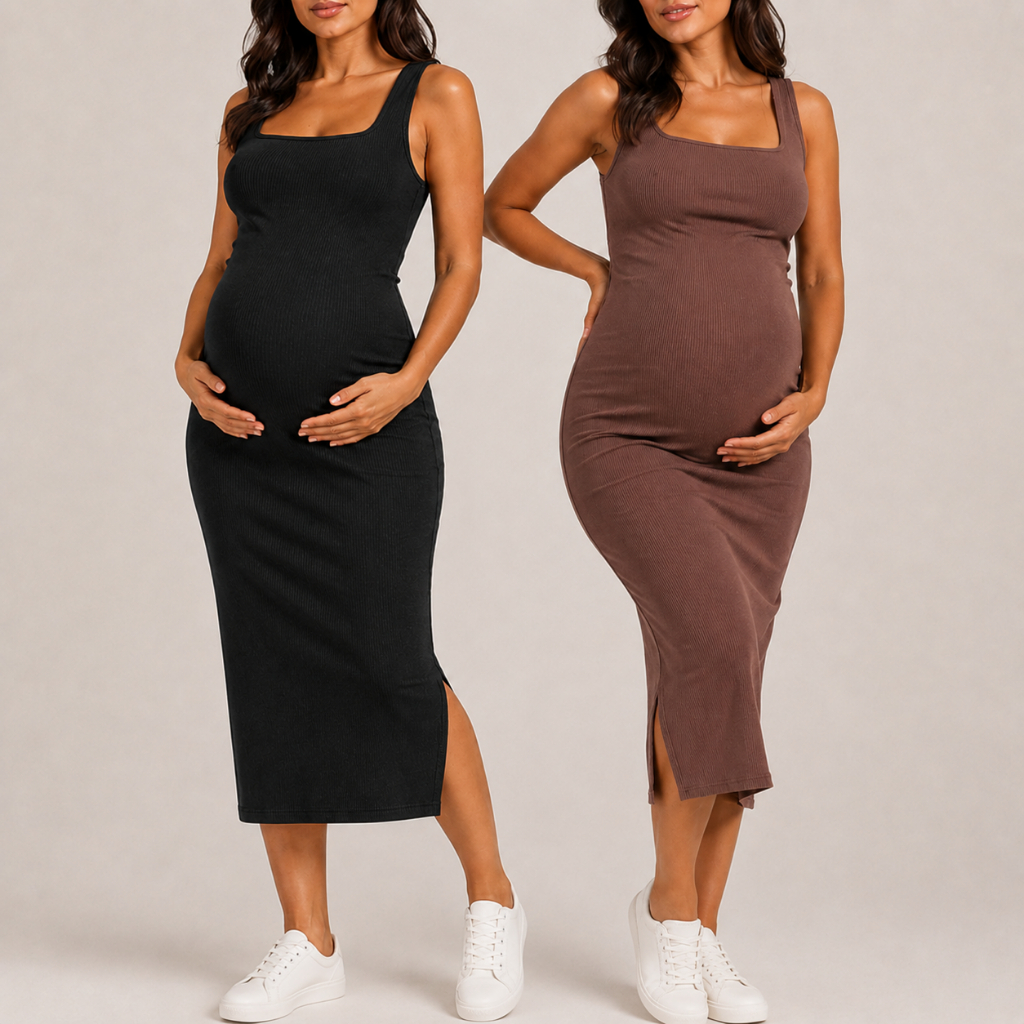 Vestido Midi Gestante Canelado Ribana Ajustado Moda Básica Alça Larga Conforto para Gravidez