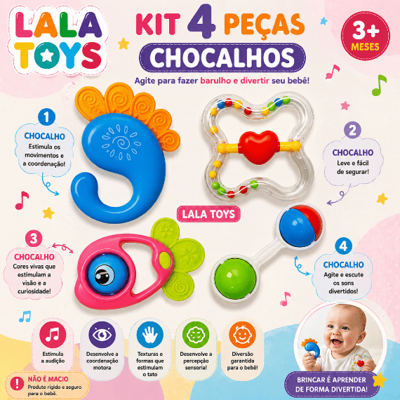 Brinquedos Para Bebê Kit com 4 pçs Chocalho Colorido