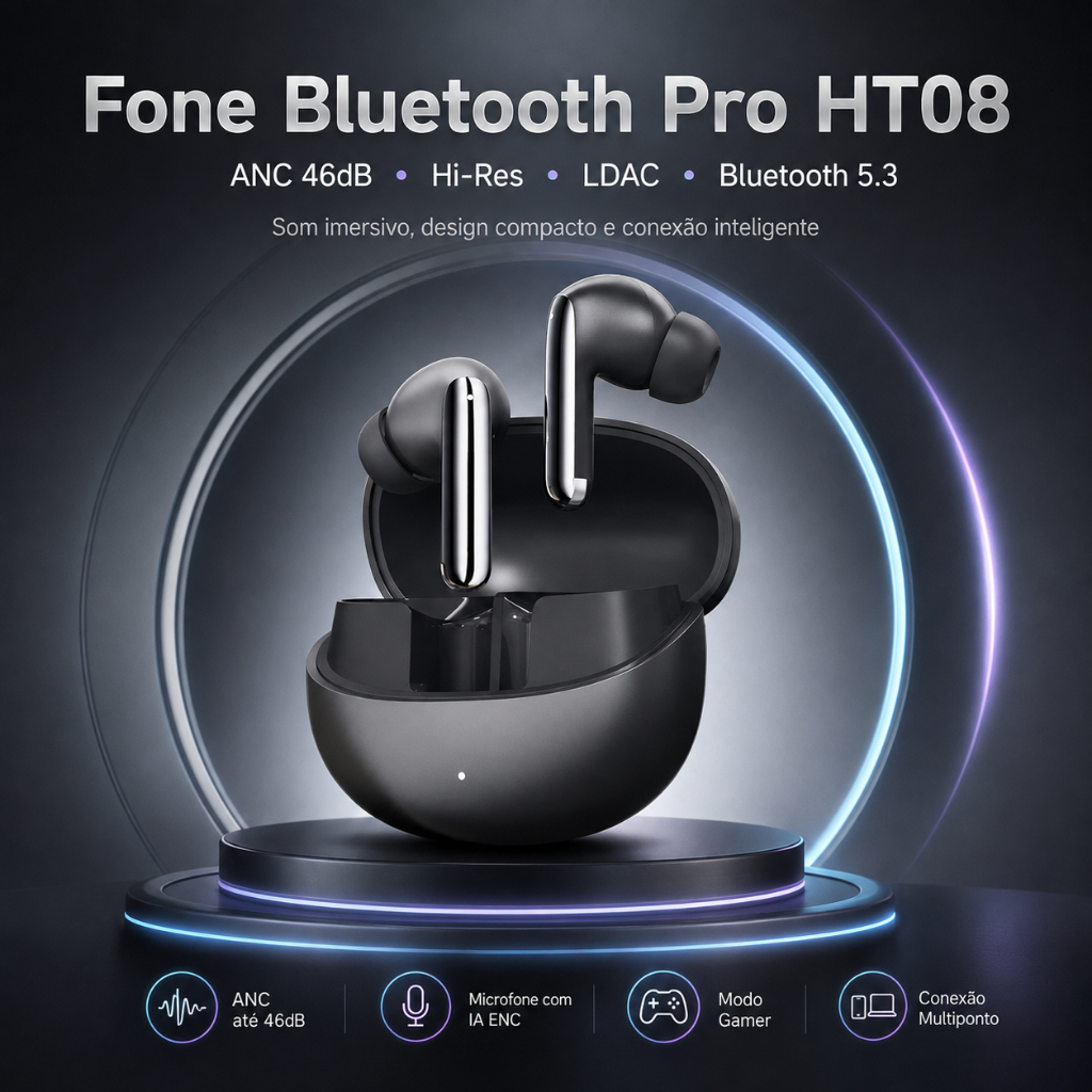 Fone de Ouvido Bluetooth Melobuds Pro HT08 ANC 46dB Hi-Res LDAC Gamer Microfone