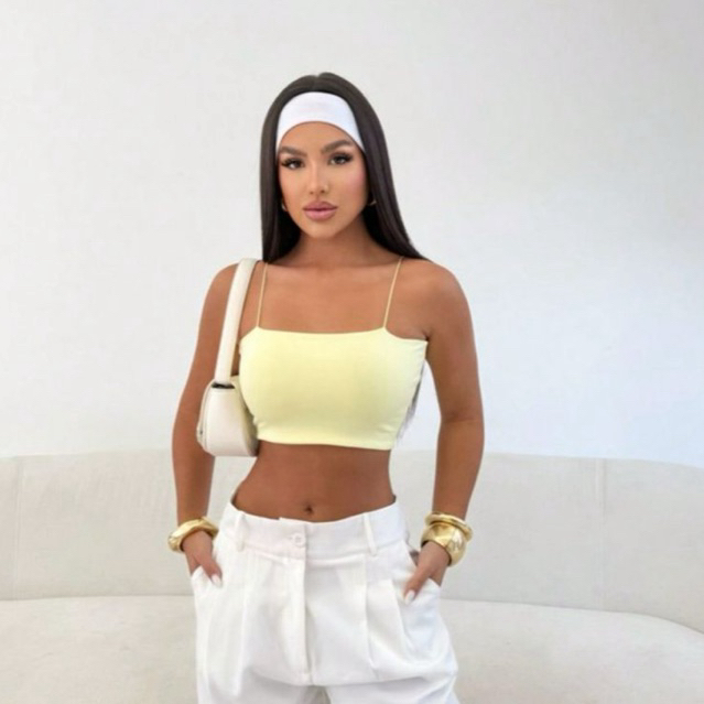 Cropped feminino alcinha reto básico canelado casual verão blogueira elegante confortável moda tendência amarelo