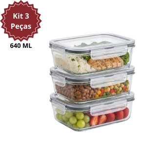 Kit 3 Potes Herméticos Retangular 640ml de Vidro C/ 4 Travas