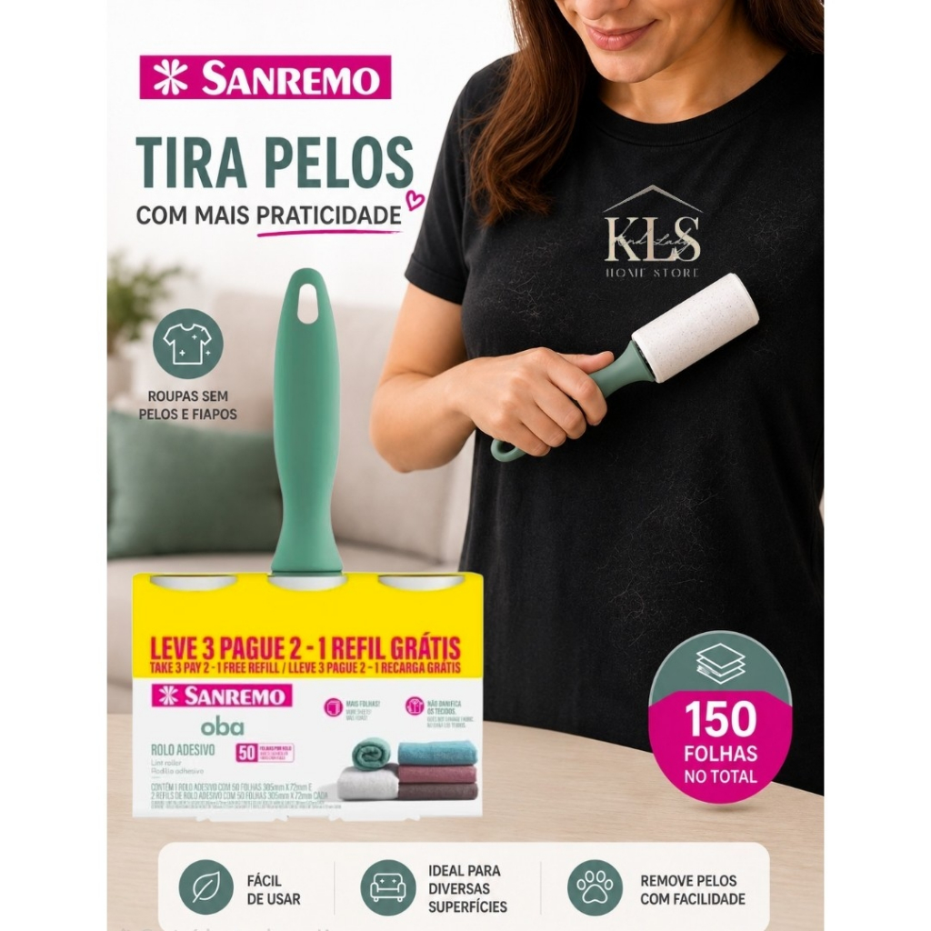 Rolo Adesivo Tira Pelos Sanremo Com 2 Refis Limpa Roupas Sofá Pet Gato Cachorro