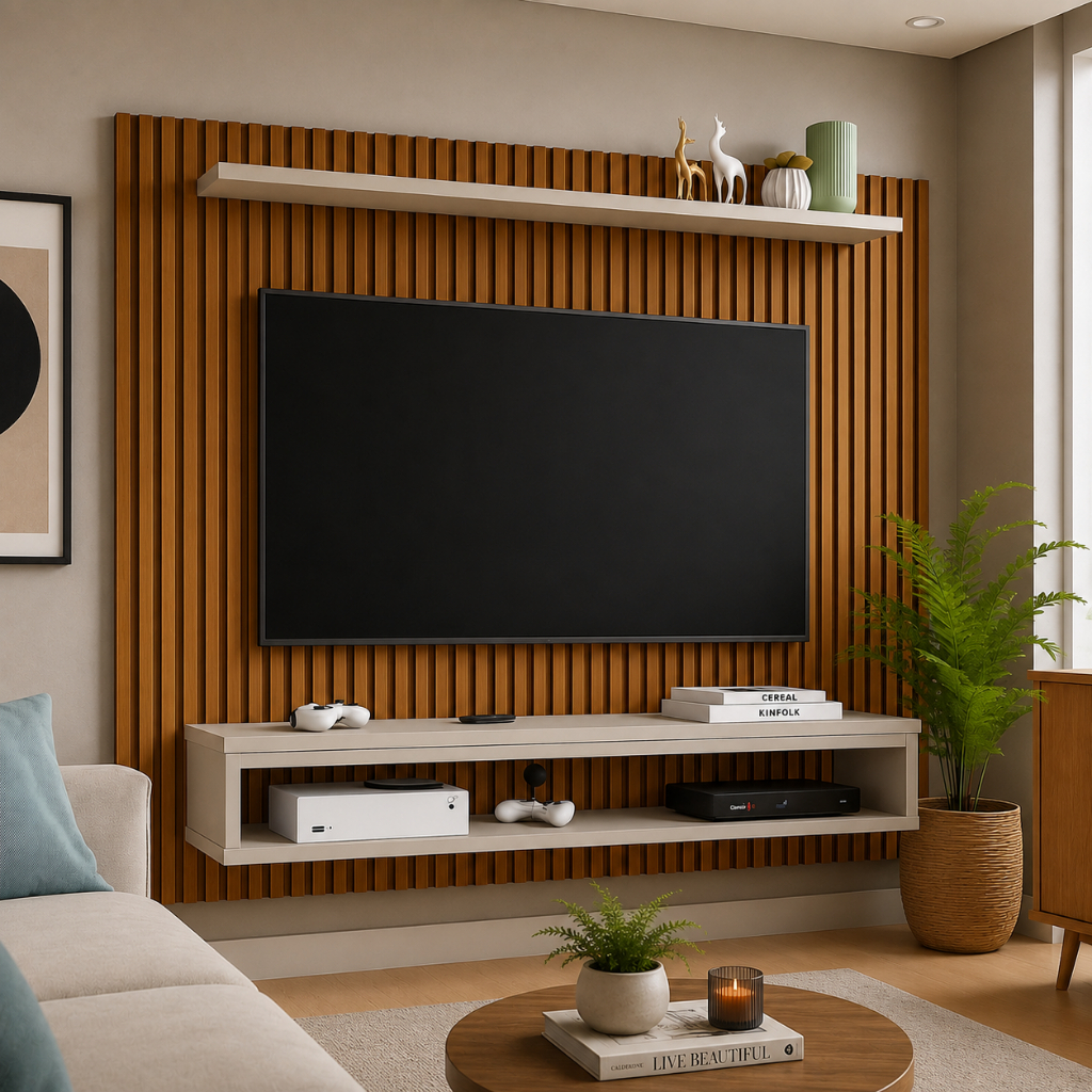 QUEIMA DE ESTOQUE! Painel Para TVs de até 60 Polegadas Ripado 3D Suspenso com Nichos Moderno e Prateleira Multiuso