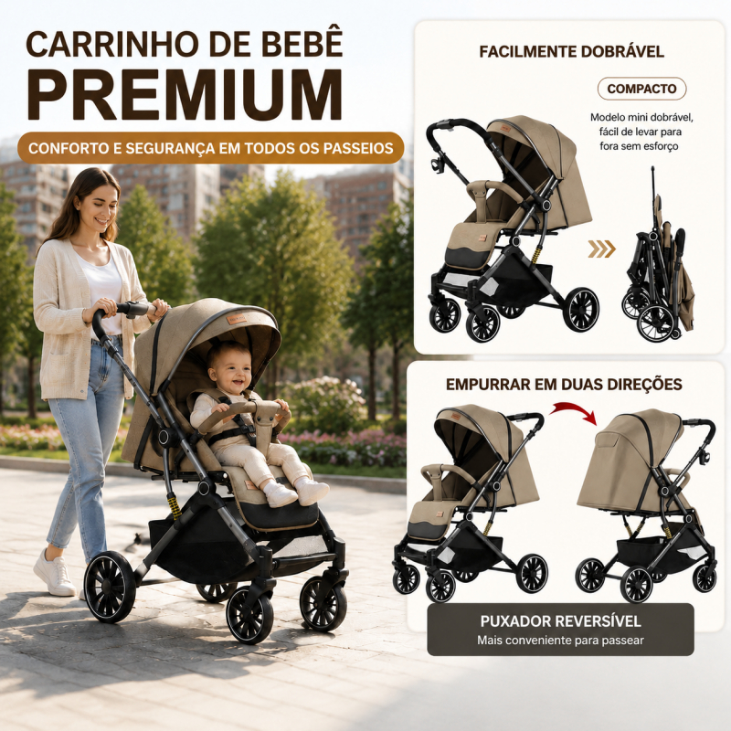 Carrinho de Bebê Reversível com Amortecimento, Reclina Totalmente, Dobrável Leve, Cesta Arrumada,3 Cores Disponíveis-P30