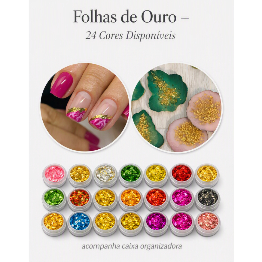 KIT 12 ou 24 Folhas De Ouro Coloridas Decoração Unhas Encapsuladas