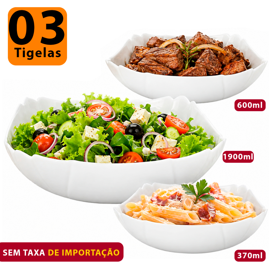 Kit Jogo conjunto 3 travessa tigelas oriental quadrada 370ML/600ML/1900ML Cumbucas de vidro Branca