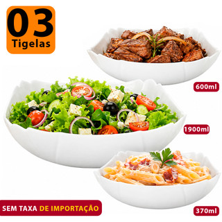 Kit Jogo conjunto 3 travessa tigelas oriental quadrada 370ML/600ML/1900ML Cumbucas de vidro Branca