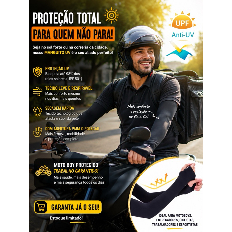 Kit 2  Par Manguito Térmico Proteção Solar UV50+ Segunda Pele UV  Unissex Manga Longa de Braço Motoboy Ciclista