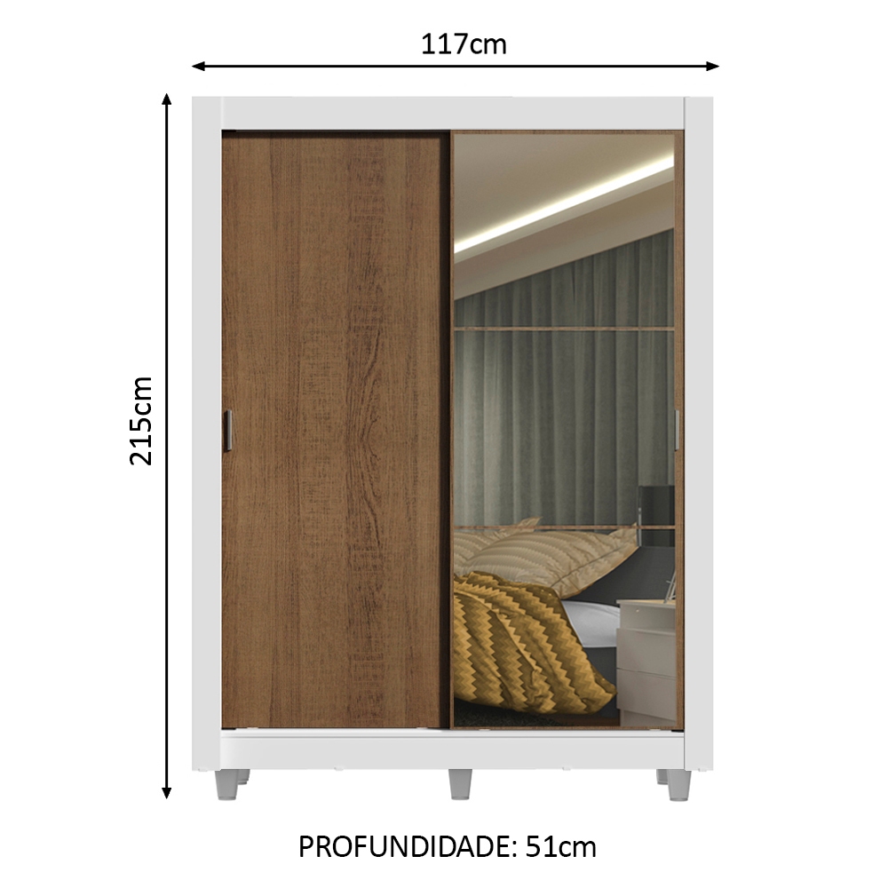 Guarda-Roupa Solteiro Madesa Denver 2 Portas de Correr com Espelho com Pés - Branco/Rustic · foto 2