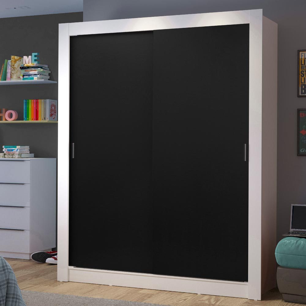 Guarda-Roupa Solteiro Madesa Dallas 2 Portas de Correr 2 Gavetas - Branco/Preto