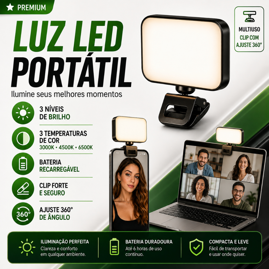 Luz de Preenchimento LED Selfie 6W Clip-on para Celular Iluminador para Vídeo Live Foto e Videoconferência