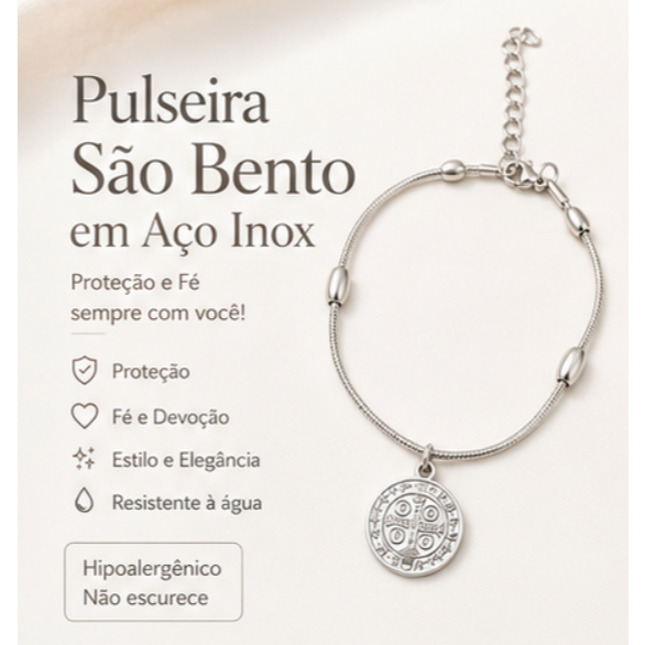 Pulseira Medalha De São Bento Prata Aço Inoxidável Proteção Anti-Alergico Envio Já