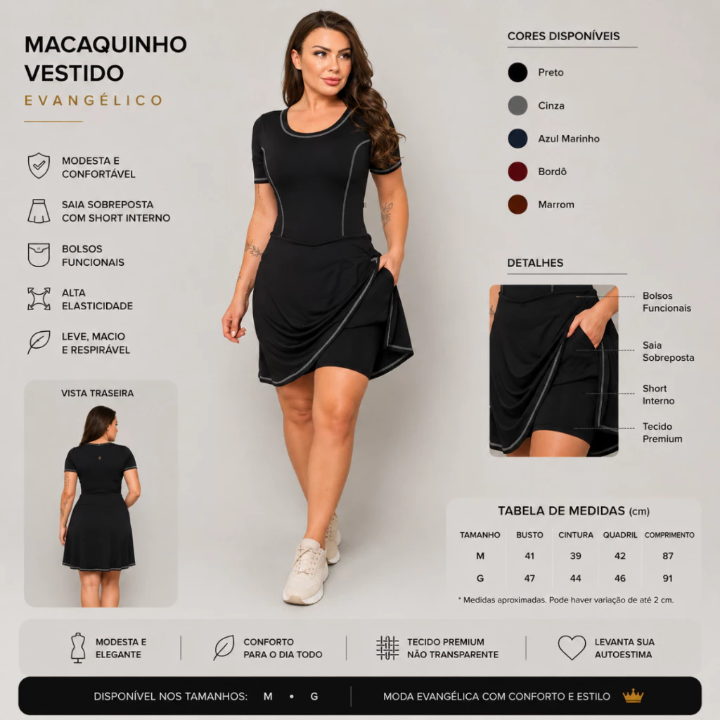 Macaquinho Vestido Evangélico com Bolsos - Moda Feminina Elegante e Esportiva