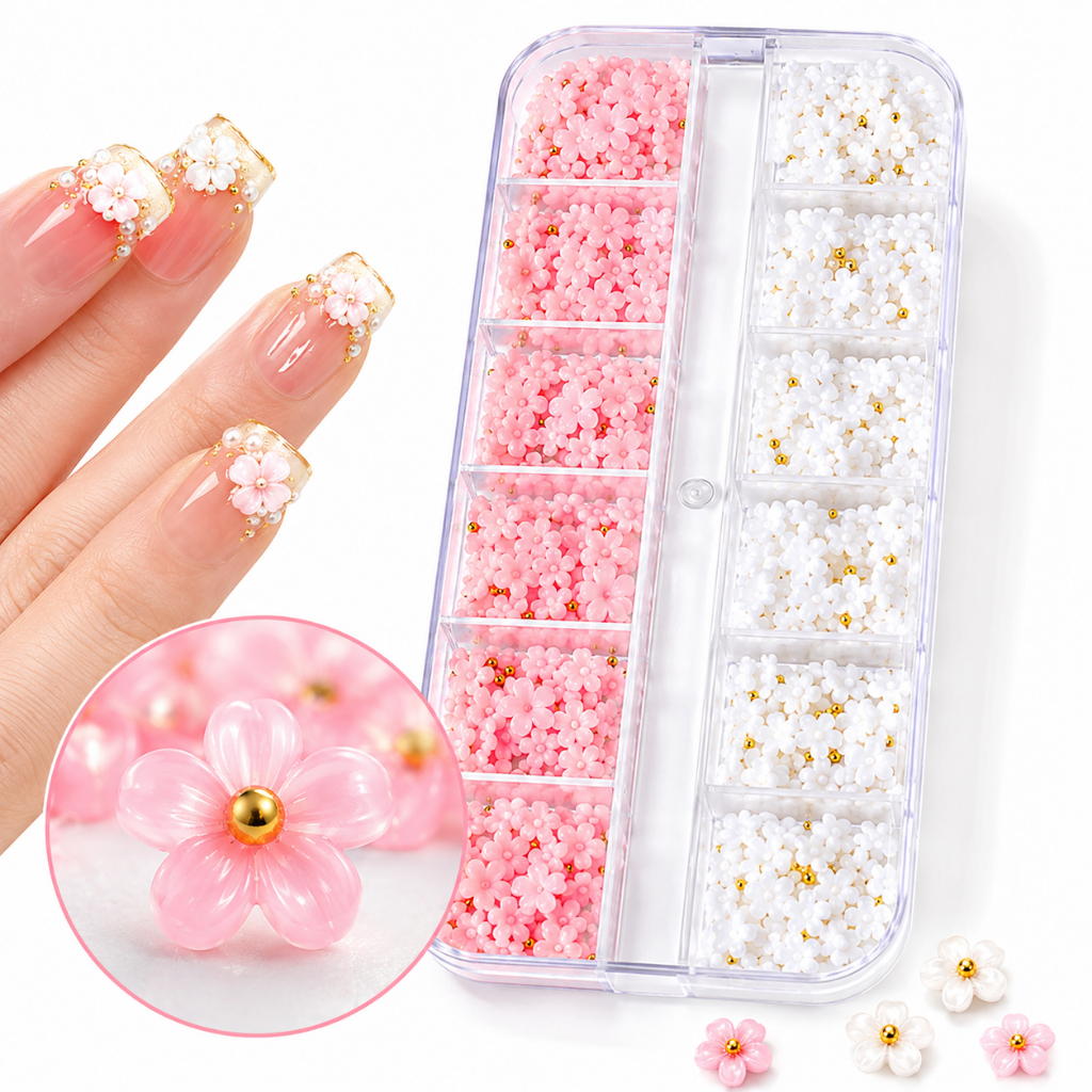 Charms Flor 3D para Unhas Resina Nail Art Decoração Caixa 12 Divisórias Rosa/Branco