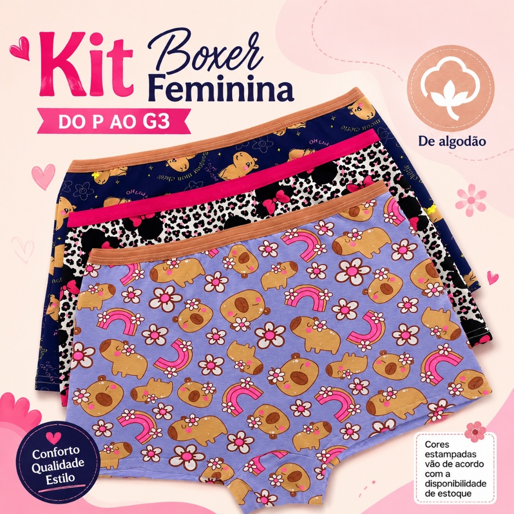 Kit Calcinha Boxer Feminina de Algodão Confortável Estampada | Macia e Respirável | P ao G3