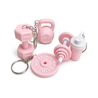 Kit 5 Chaveiros Academia Fitness Rosa Bebê – Mini Halter, Kettlebell, Barra e Shake | Presente Criat