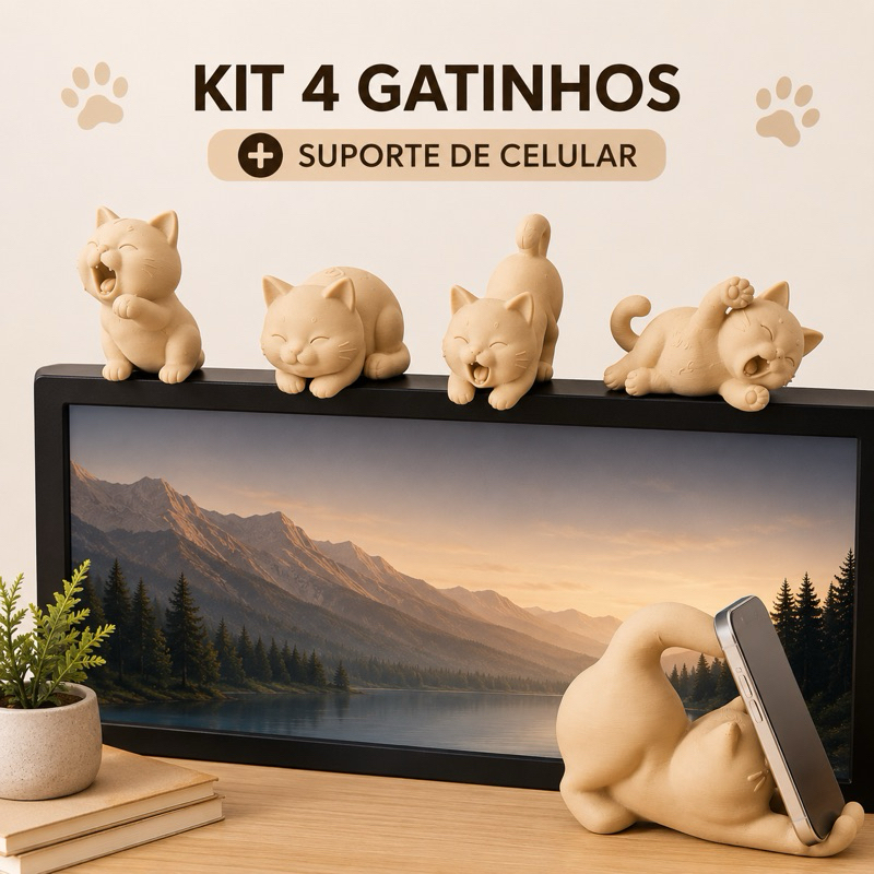 Kit 4 Gatinhos Decorativos + Suporte de Celular | Monitor, TV, Mesa, Rack, Sala, Quarto e Escritório