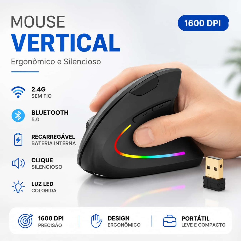 Mouse Vertical Ergonômico Recarregável Sem Fio Bluetooth Led Usb 2.4G 1600 Dpi Silencioso Portátil