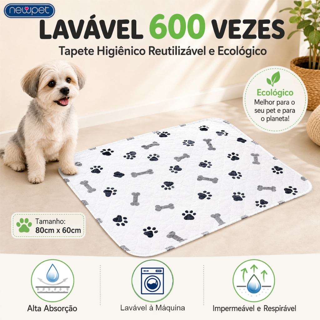 Tapete Higiênico Branco Lavável 80x60cm Sem Plástico Gotejante para Cachorro Super Absorvente Impermeável Reutilizável