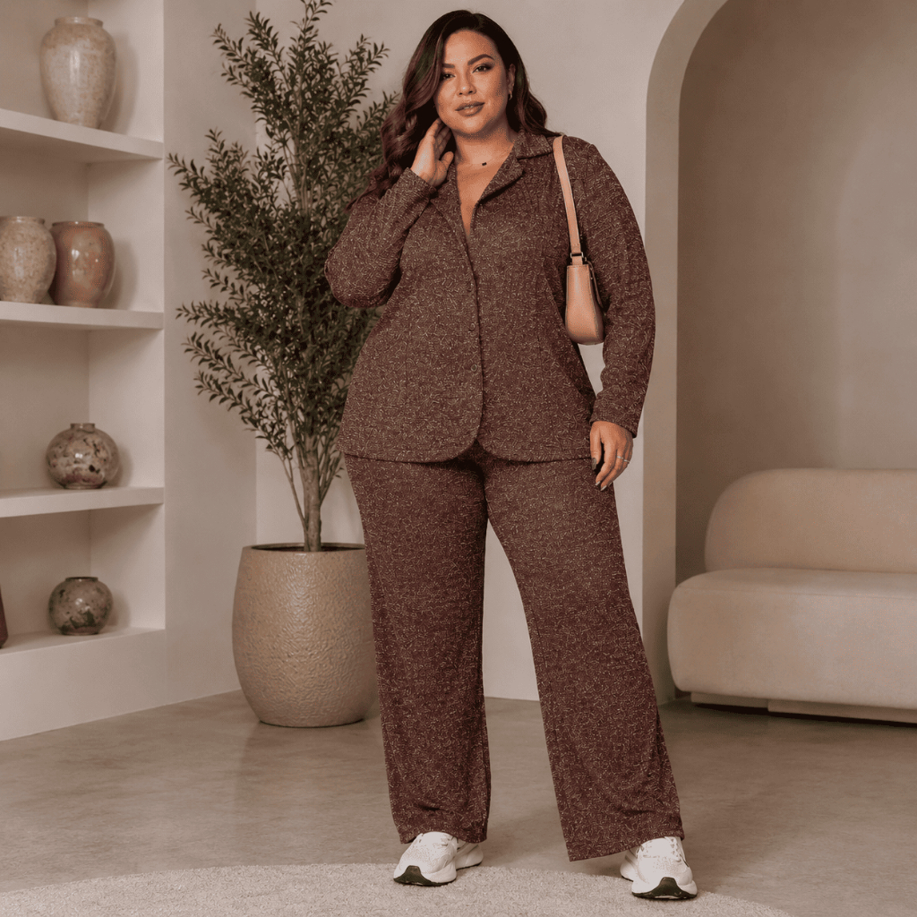 Conjunto Feminino Plus SIze Blazer e Calça Social Cós Alto Malha Ribana Elegante Versátil
