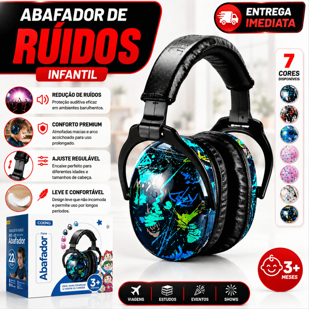 Fone Abafador de Som Ruidos Infantil para Autismo e TDAH Protetor Auditivo para Criança Autista Tea