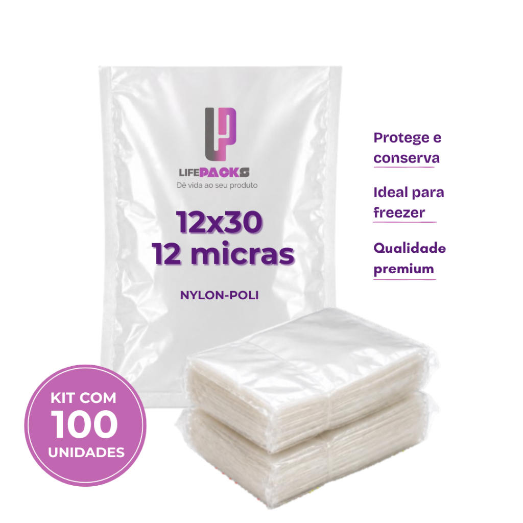 Embalagem Saco a Vácuo 12x30 12 micras 100 Unidades para Seladora de Alimentos BPA free Carnes Marmitas Congelados