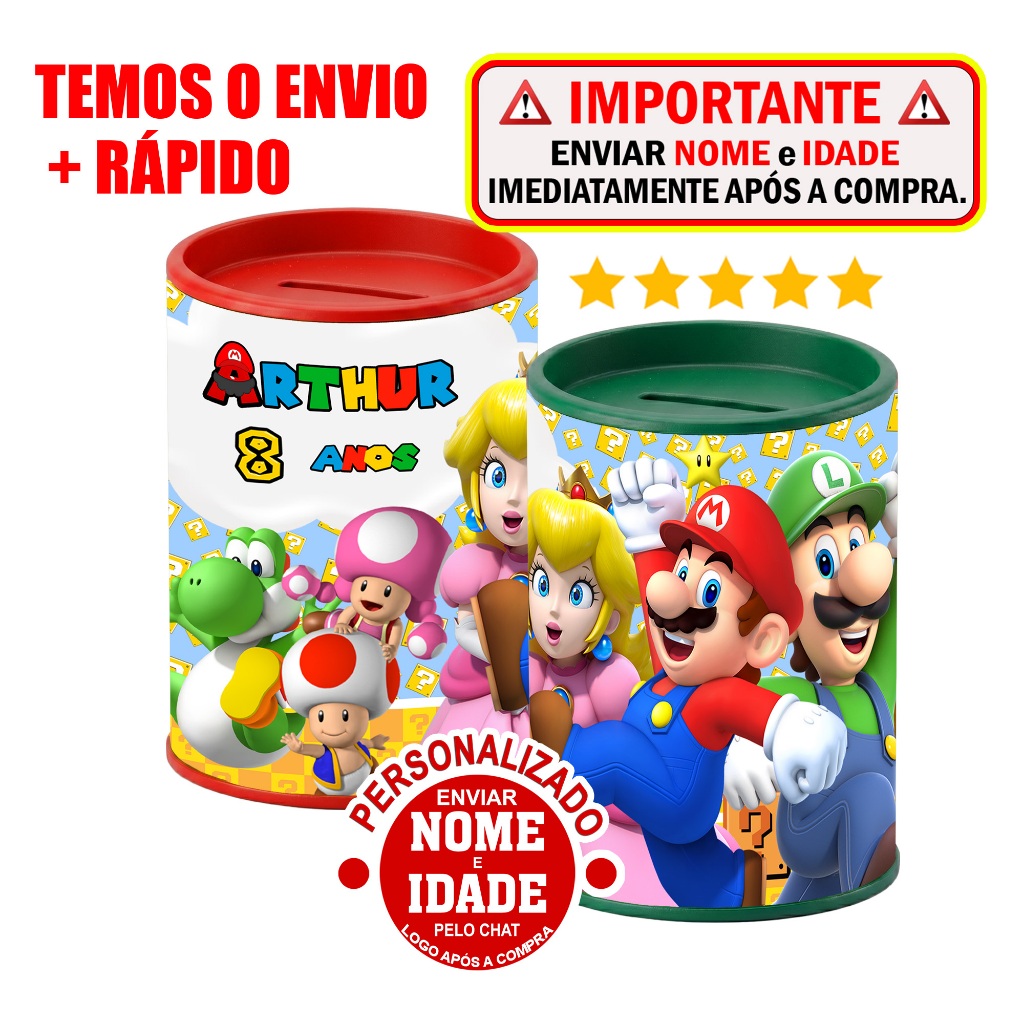 Cofrinho Personalizado Super Mario Lembrancinha Aniversário Festa Luigi Mário Bros Princesa Peach