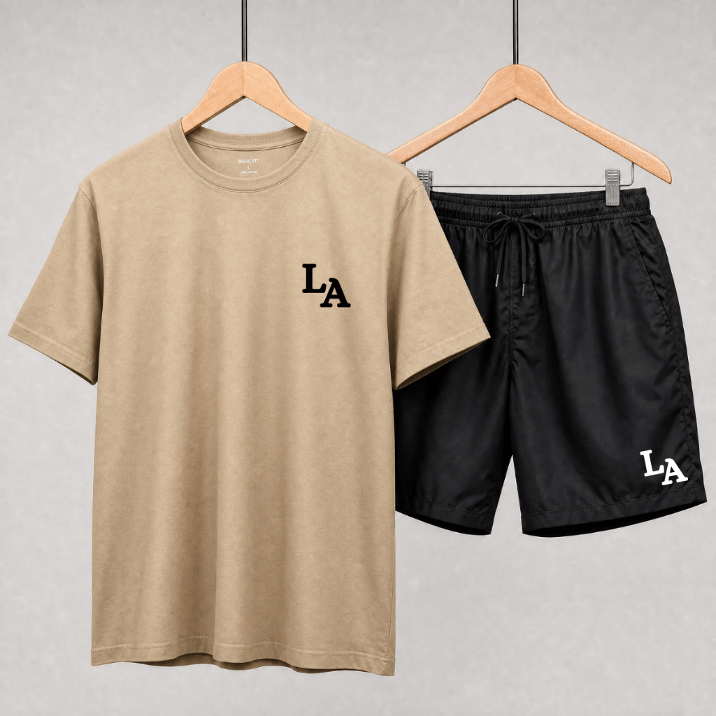 Conjunto Masculino Camiseta e Shorts Tectel Los Angeles Com Camisa 100% Algodão Estampada Moda Verão