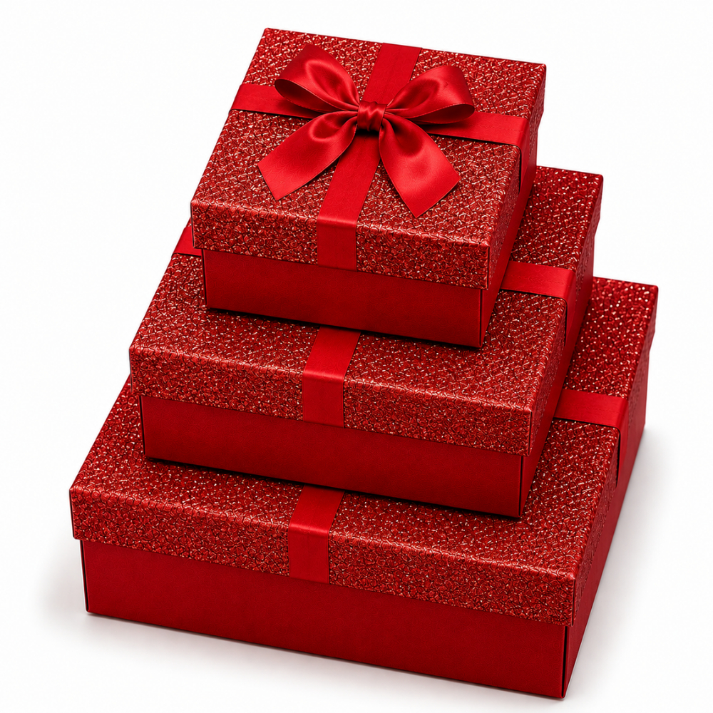Kit 3 Caixa De Presente Com Glitter Tampa E Laço De Cetim Decorativa Pequena Média E Grande Embalagem Natal