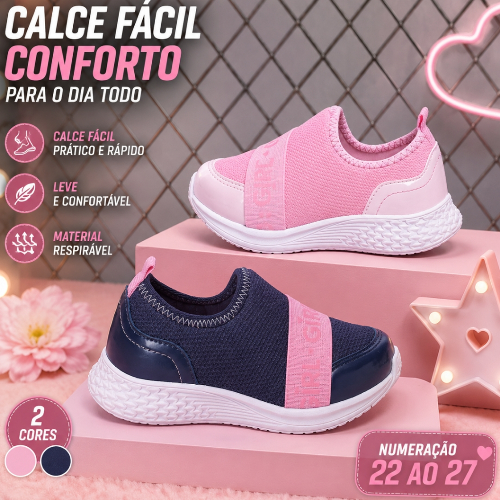 Tênis Infantil Menina Escolar Feminino Calce Fácil Confortável Elástico Casual Moda