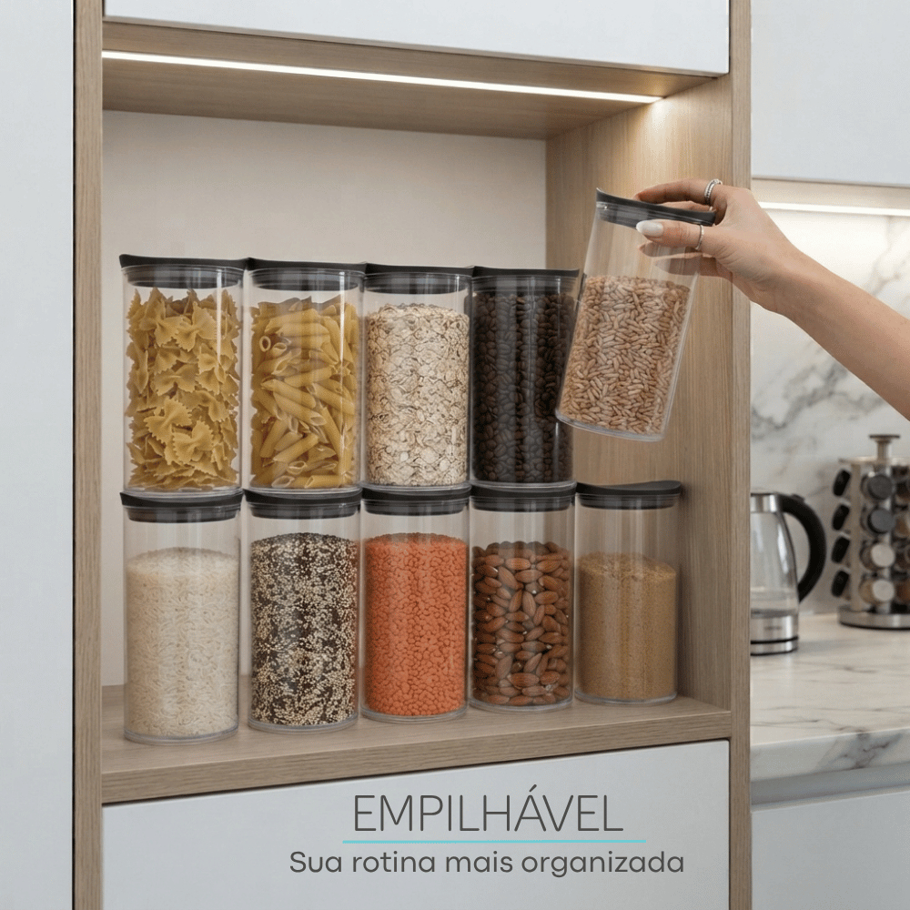 Kit 10 Potes Organizador Herméticos Acrílico Transparentes Empilháveis Mantimentos Porta Mantimentos Cozinha Modular