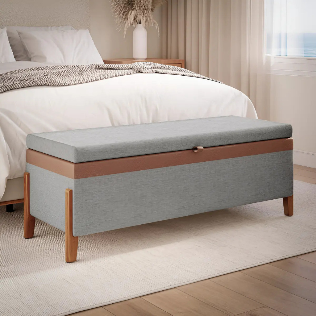 Recamier Baú Sapateira Cama Casal Organizadora 1,20 cm Linho Cinza Moderno Multifuncional Elegante