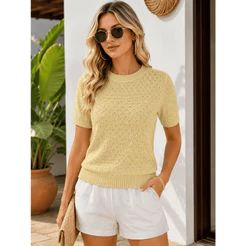 Blusa T-shirt Tricô Feminina Manga Curta Texturizada Moda Elegante 337