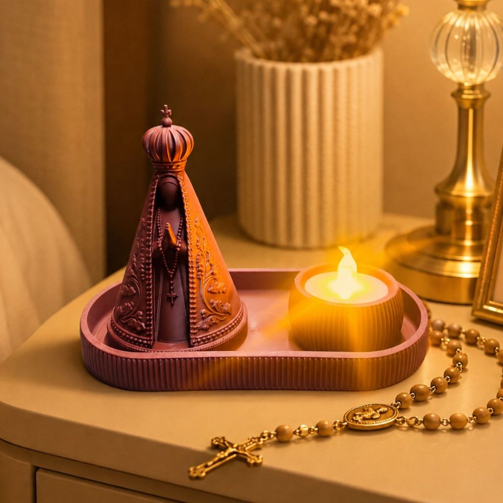 Nossa Senhora Aparecida Com Bandeja, Porta Vela E Vela Em Led 10cm