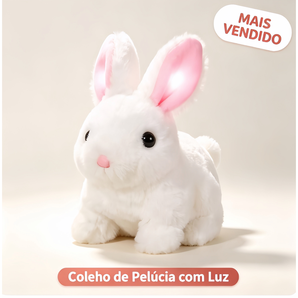 Brinquedo Bichinho Coelho Pelúcia Coelhinho Elétrico Infantil, faz som, nariz móvel, orelhas luminosas, para caminhar e