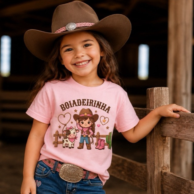 Camiseta Infantil Boiadeirinha Country Menina 100% Algodão Estampa DTF Unissex Festa do Peão Rodeio