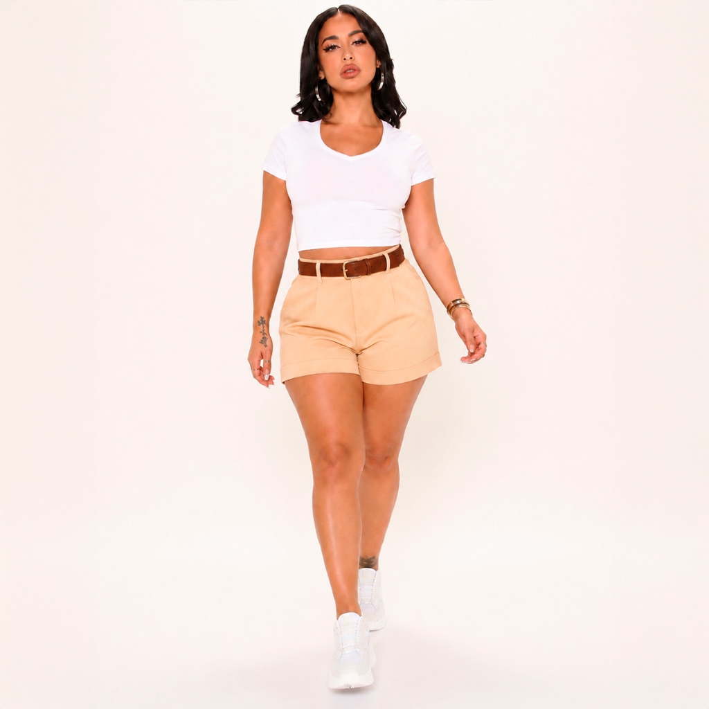 Short Alfaiataria Cinto Couro Bermuda Cintura Alta Feminina Shortinho Cós Alto Liso Luxo Premium