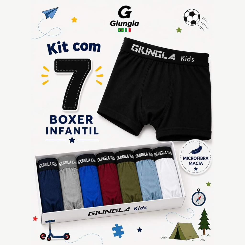 Kit 7 Cuecas Boxer Infantil para Meninos Microfibra Lisa Cueca Box Giungla Kids