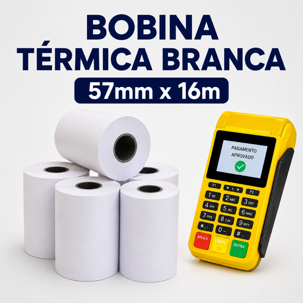 Bobina Térmica 57mm x 16m Branca para Máquina de Cartão, Maquininha, Cupom e Impressora Térmica – Kit 3 OU 5 Unidades