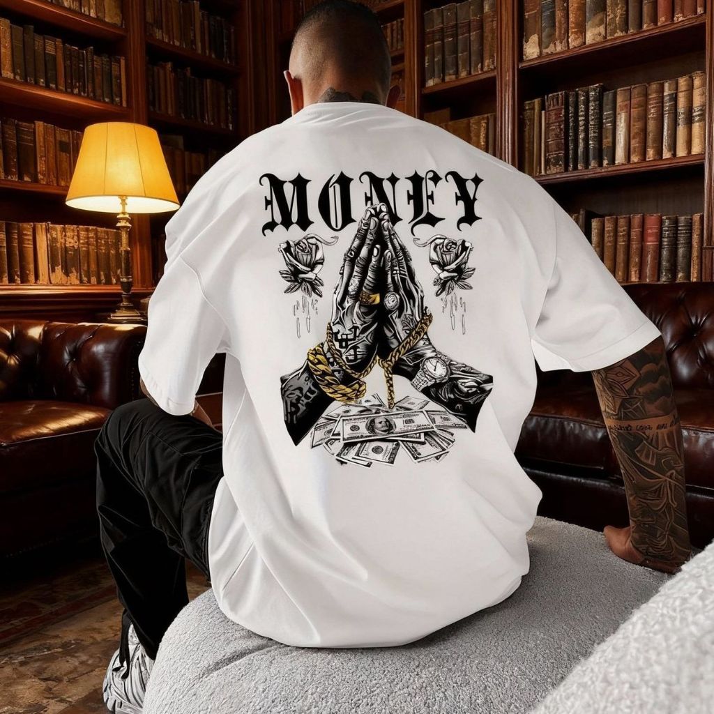 Camiseta 100% algodão oversize unissex, estampa gráfica arte chicano dinheiro rosas, tecido respirável verão