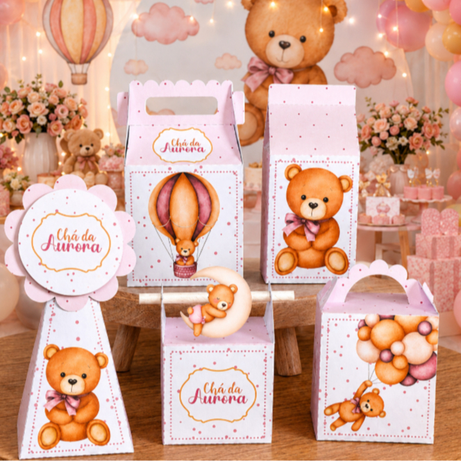 Kit Chá de Bebê Rosa Caixinhas Personalizadas